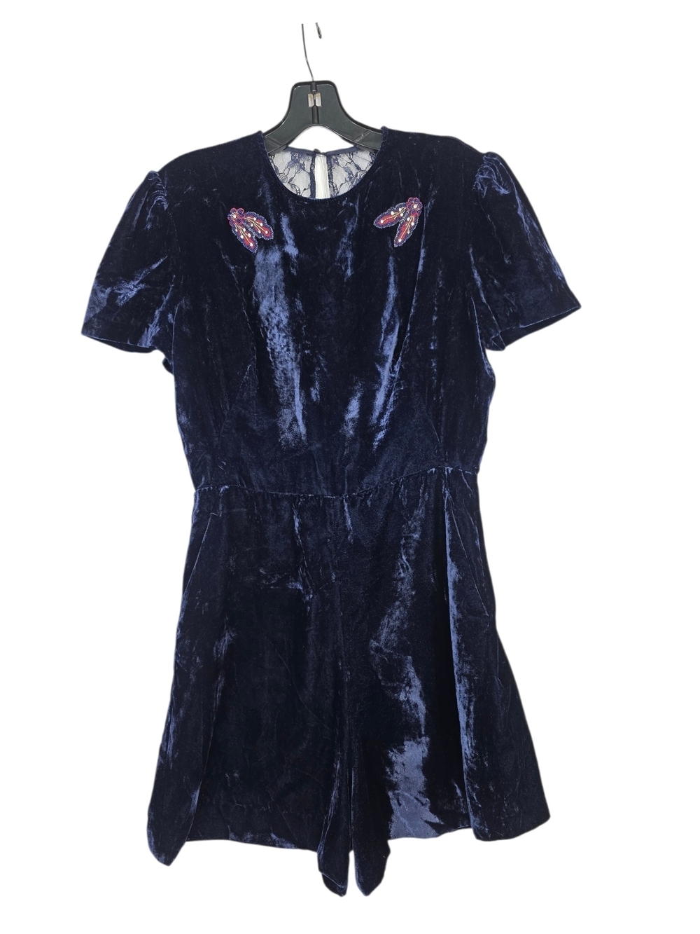 Sandro Navy Blue Velvet Romper with red Bead Embellishments